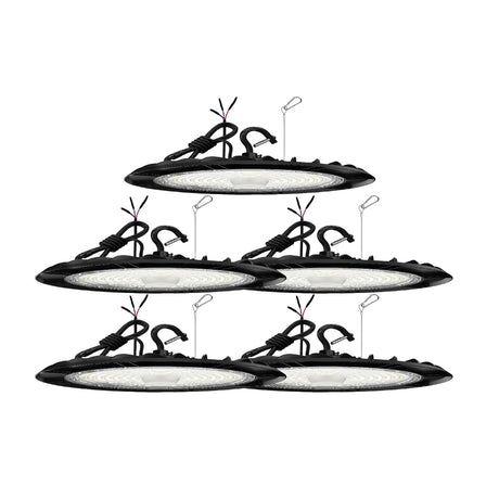 A black Hylele 150W UFO LED High Bay Light with a round shape and a US hook mount, designed for use in commercial and industrial settings.