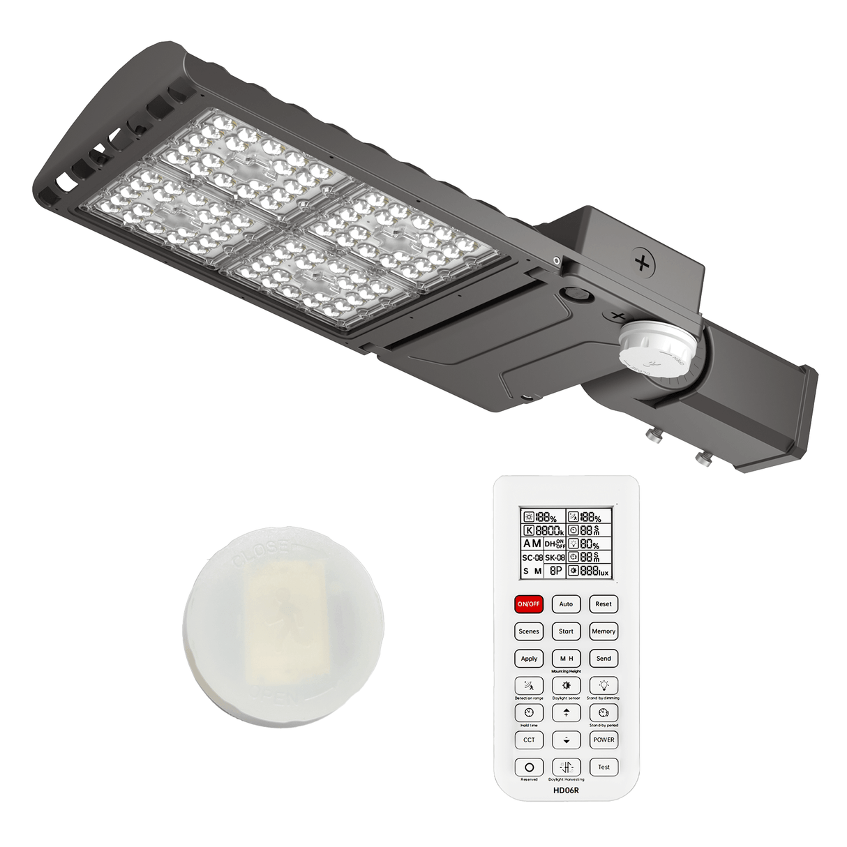 A Hylele 300W LED parking lot light with a bronze finish, showing the LED modules and the reflector.