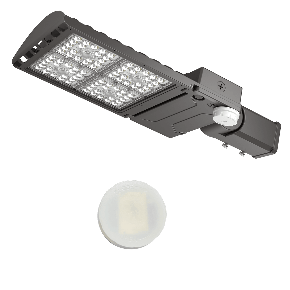 A Hylele 300W LED parking lot light with a bronze finish, showing the LED modules and the reflector.
