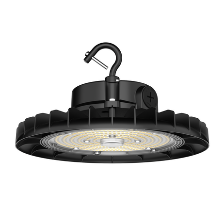 Black industrial pendant light on a white background