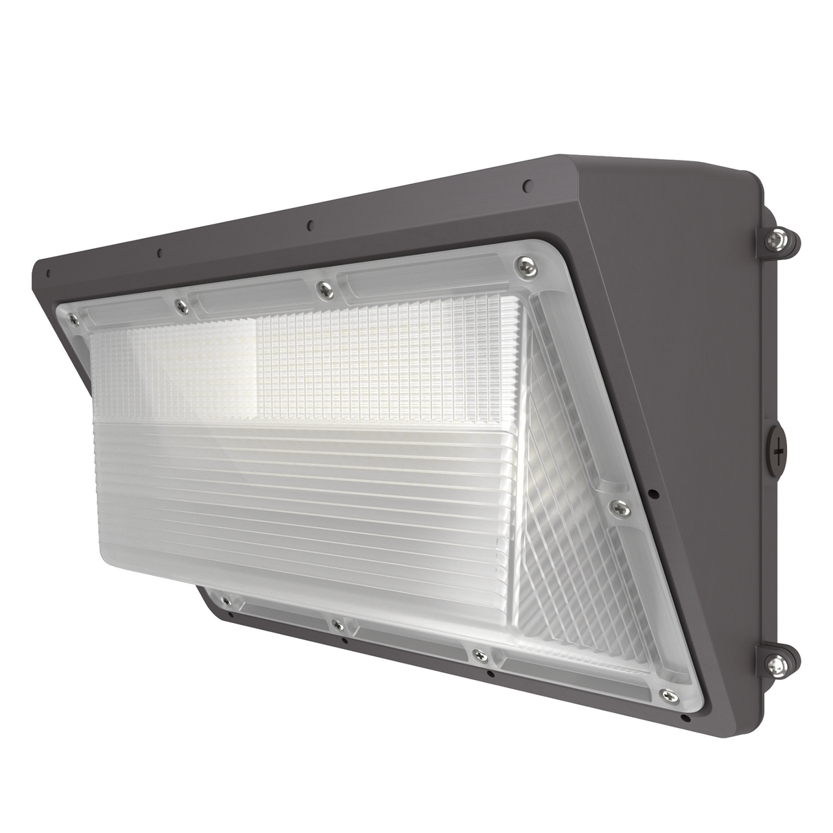 Hylele 120W LED Wall Pack Light with Photocell, featuring a grey finish and a clear polycarbonate lens, mounted on an exterior wall.
