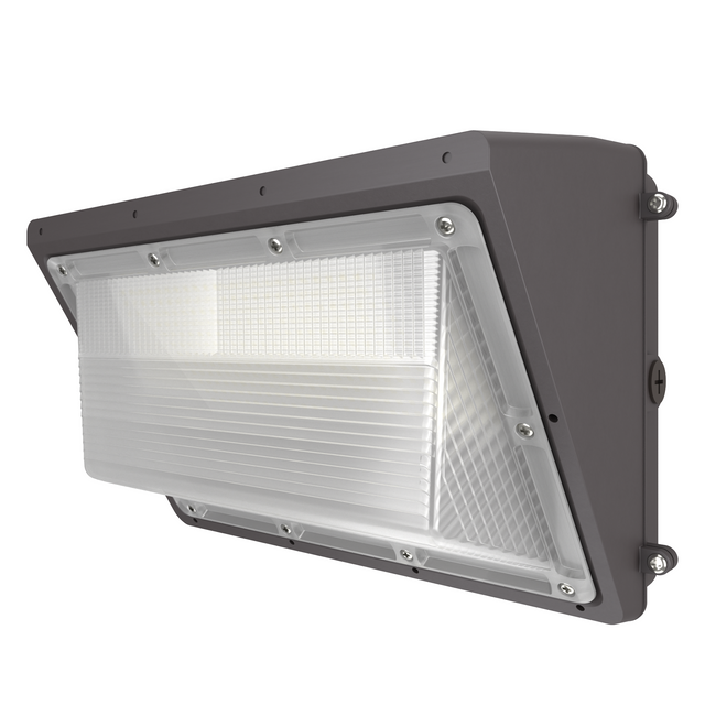 Hylele 120W LED Wall Pack Light with Photocell, featuring a grey finish and a clear polycarbonate lens, mounted on an exterior wall.