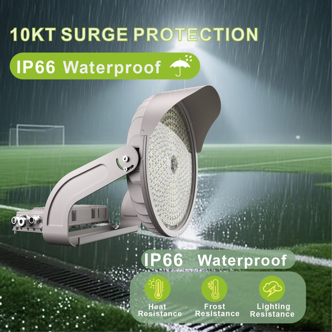 Street light with 10KT surge protection and IP66 waterproof rating, shown in a rain scene.