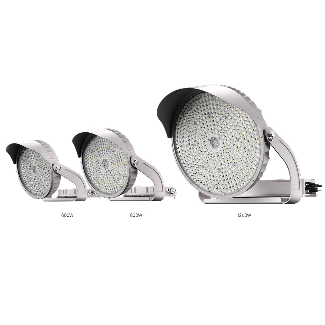 Three LED flood lights with different wattage labels on a white background