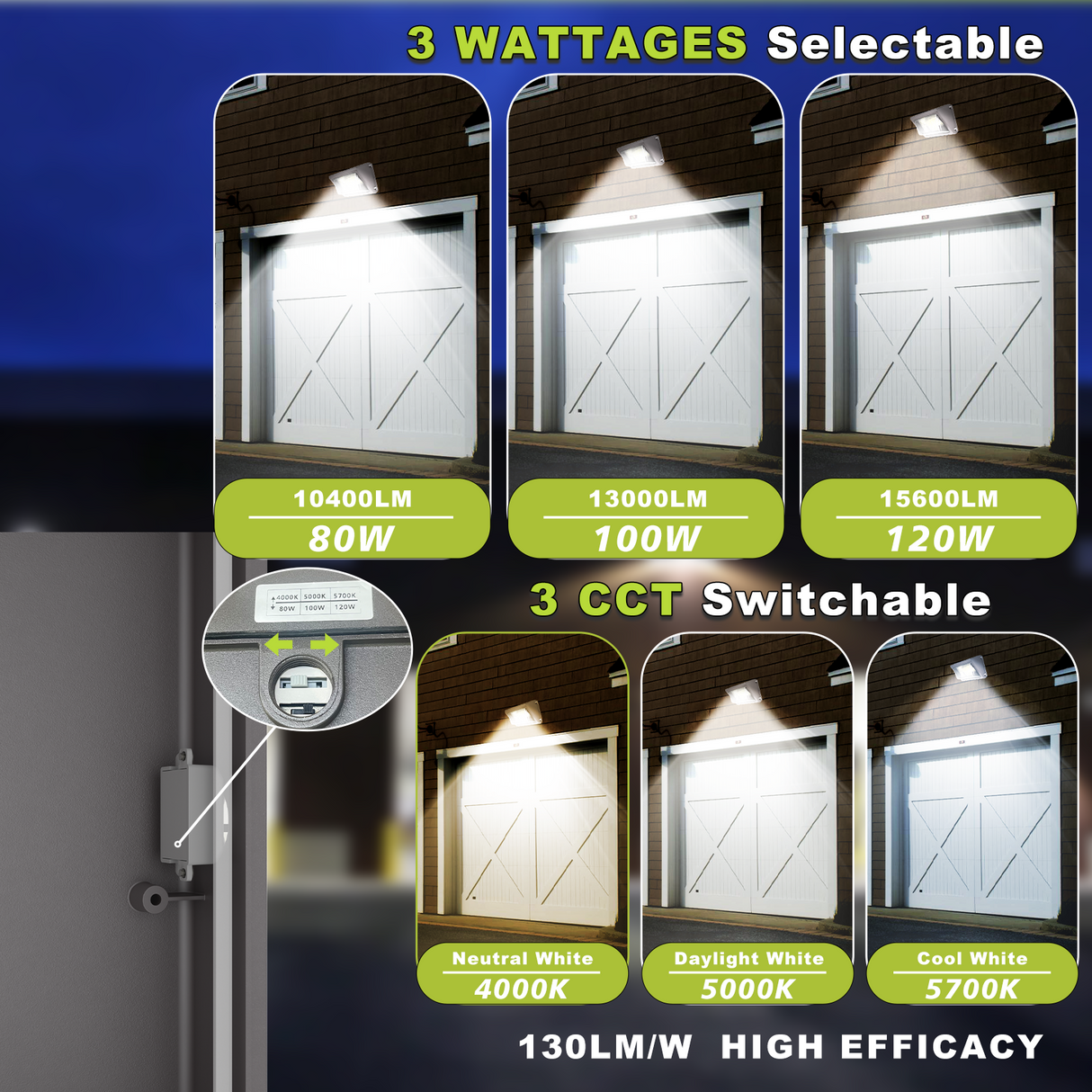 3 Wattages Selectable and 3 CCT Switchable