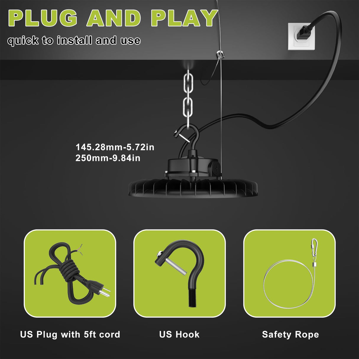 Hanging light fixture with plug, hook, and safety rope on a dark background