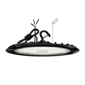A black Hylele 150W UFO LED High Bay Light with a round shape and a US hook mount, designed for use in commercial and industrial settings.