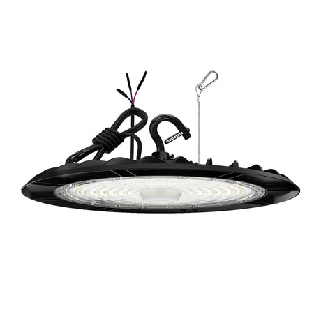A black Hylele 150W UFO LED High Bay Light with a round shape and a US hook mount, designed for use in commercial and industrial settings.