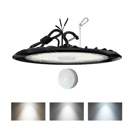 A black Hylele 150W UFO LED High Bay Light with a round shape and a US hook mount, designed for use in commercial and industrial settings.