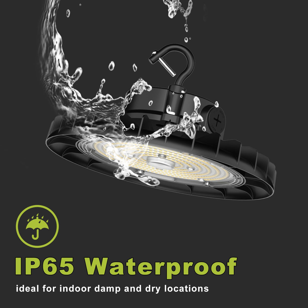 Waterproof industrial light fixture with water splashes on a black background, featuring IP65 rating.