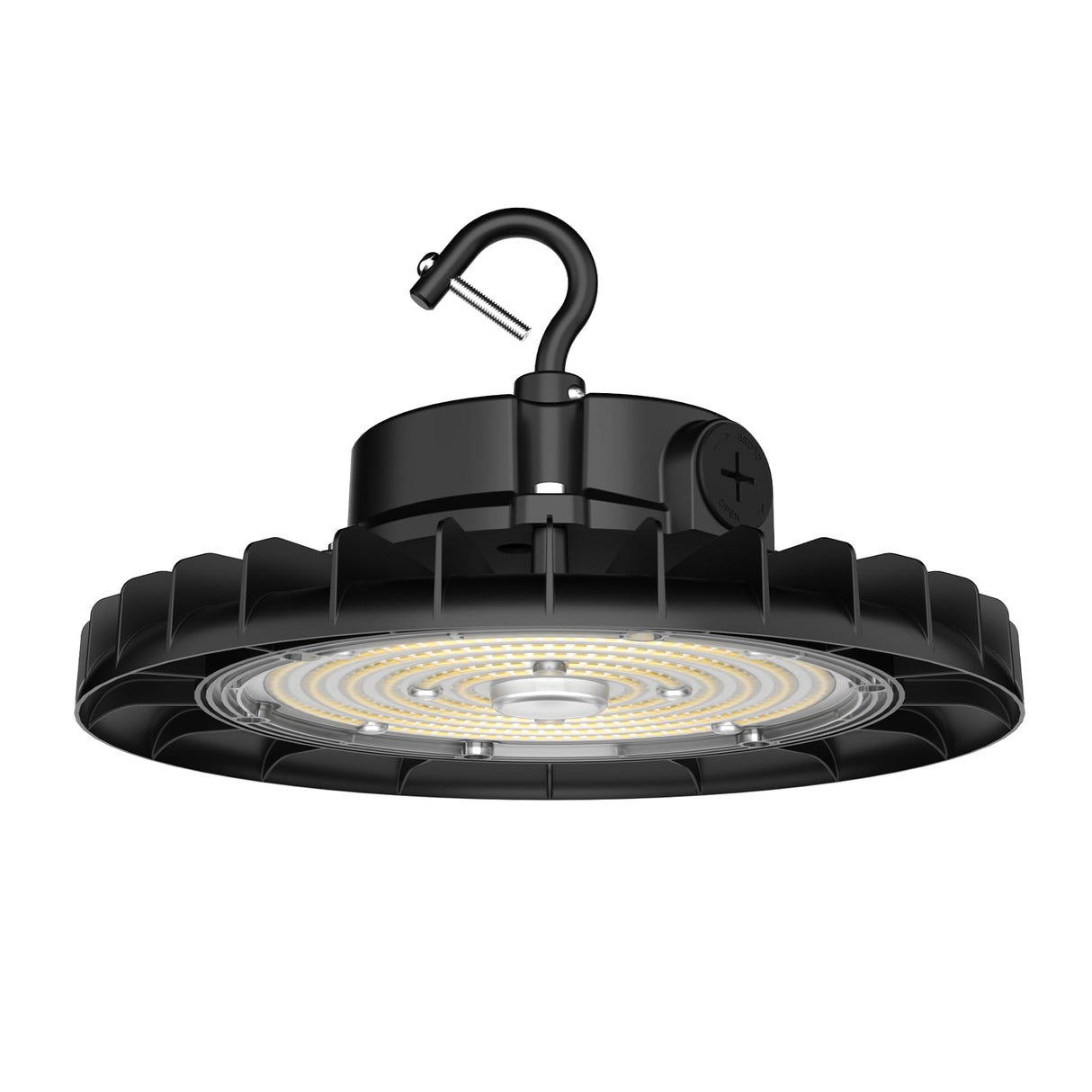 Black industrial pendant light on a white background