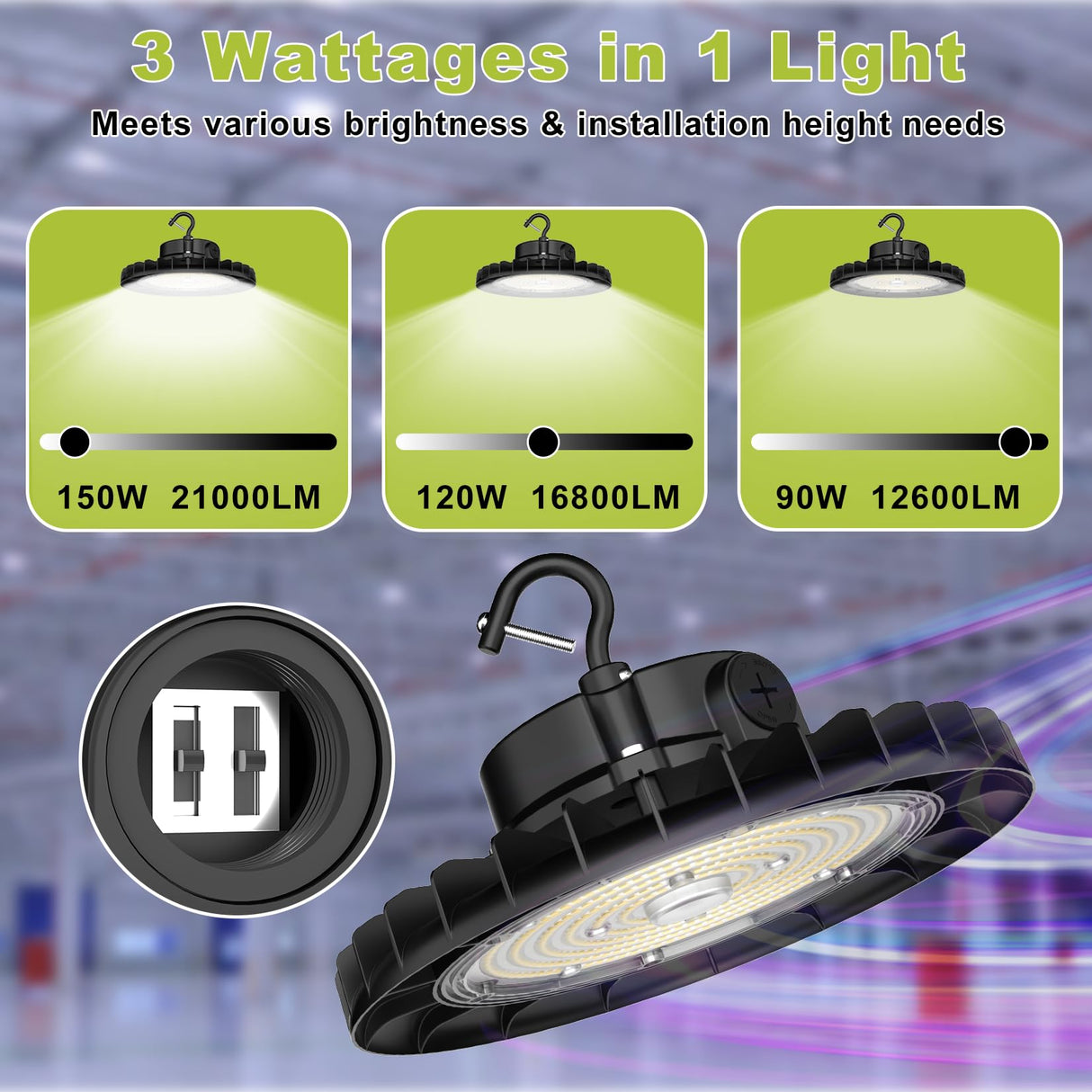 Hanging light fixture with three wattage options displayed on a blurred background