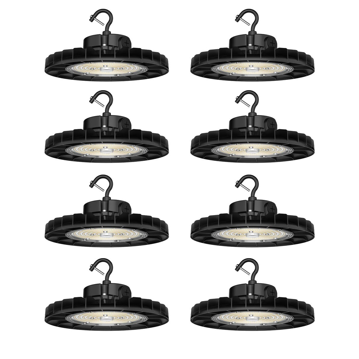 Nine black industrial ceiling lights with hooks on a white background