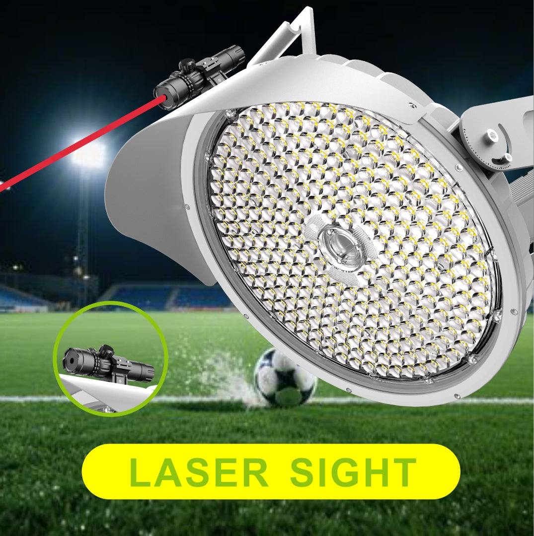 Large LED light fixture with laser sight on a sports field background