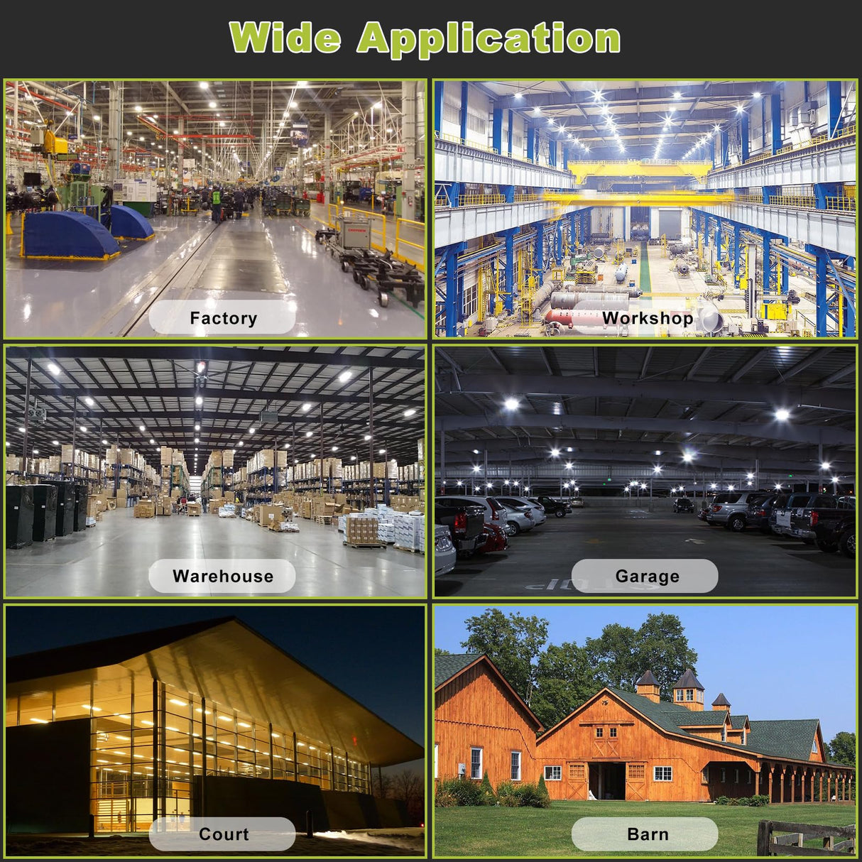 Collage of various indoor and outdoor settings with labeled categories including Factory, Workshop, Warehouse, Garage, Court, and Barn.