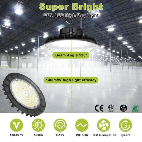 UFO LED High Bay Light with specifications and features on a warehouse background