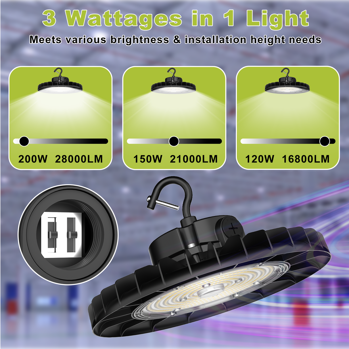 High-bay light with three wattage options and specifications on a blurred background