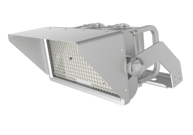A gray Hylele 800W LED stadium floodlight with a rectangular shape and visible LED chips on the surface. It is designed for outdoor use with a yoke mount structure.