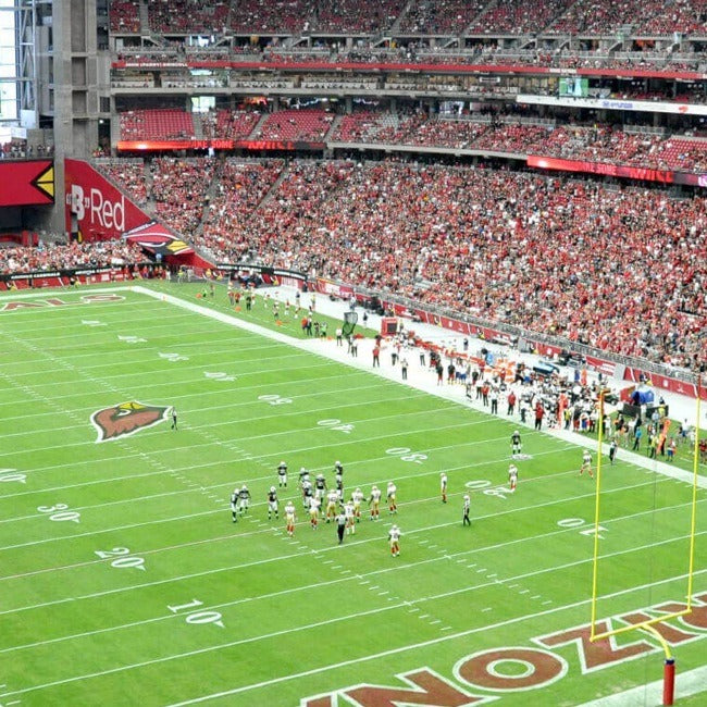 Football game in progress at a large stadium with many spectators.