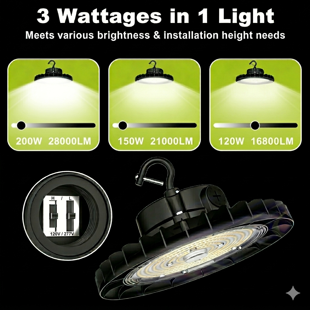 High-bay LED light fixture with wattage and brightness information on a black background