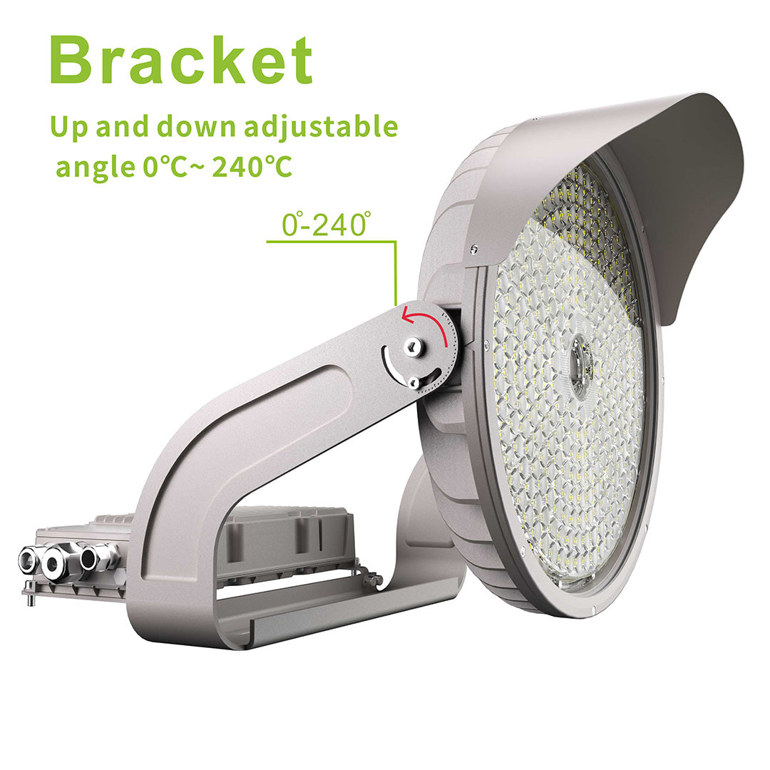 Adjustable bracket for a light fixture with temperature range text on a white background