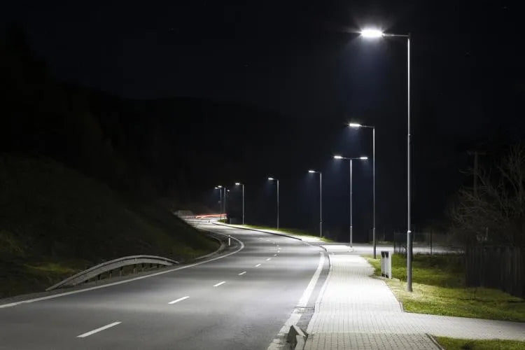 Road at night with illuminated streetlights