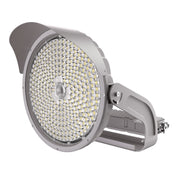 Round industrial light fixture with visible LED elements on a white background