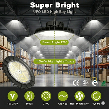 UFO LED High Bay Light in a warehouse setting with specifications displayed.