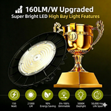 Super bright LED high bay light with a gold trophy on a dark background, featuring upgrade specifications.