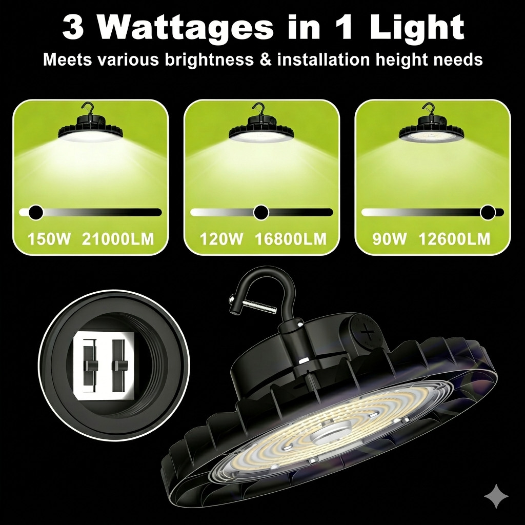 LED high bay light with wattage and brightness information on a black background