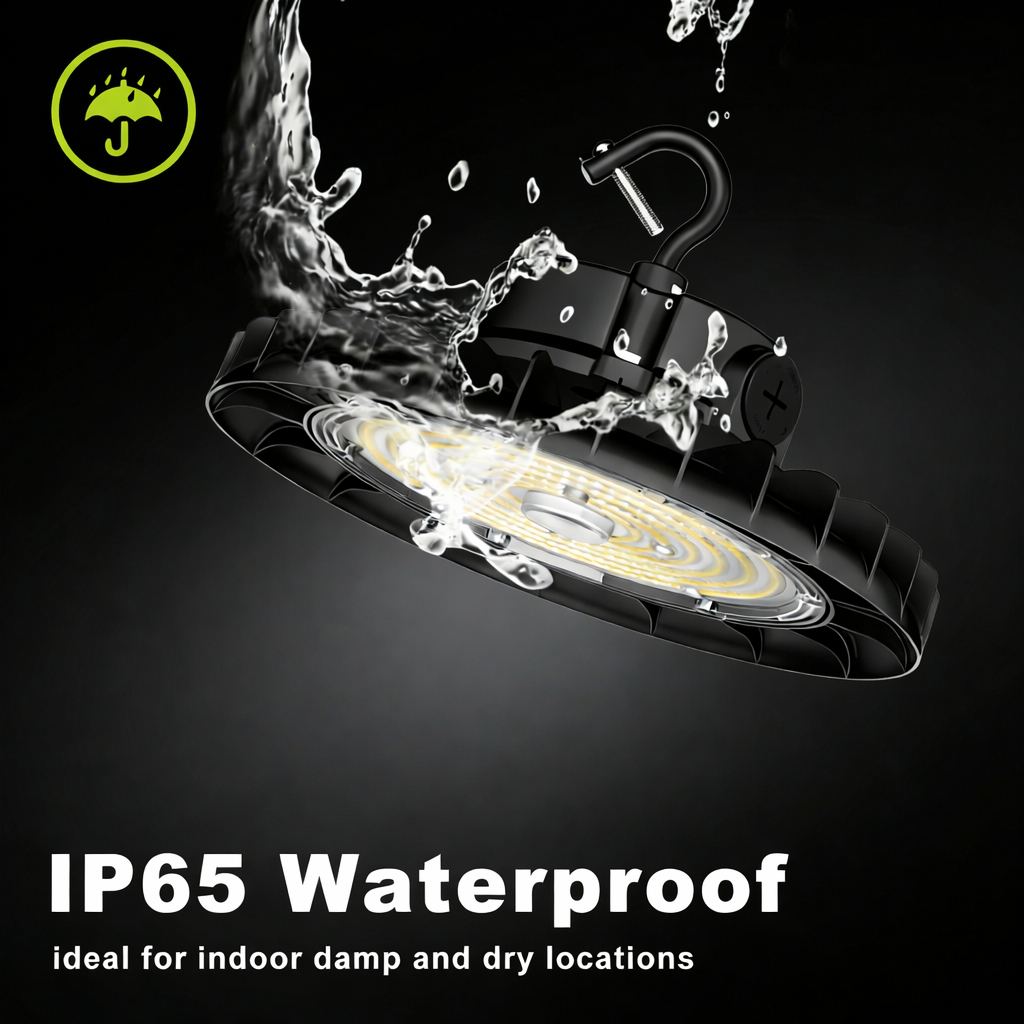 Waterproof LED light bulb with water splashes on a black background, featuring IP65 rating.