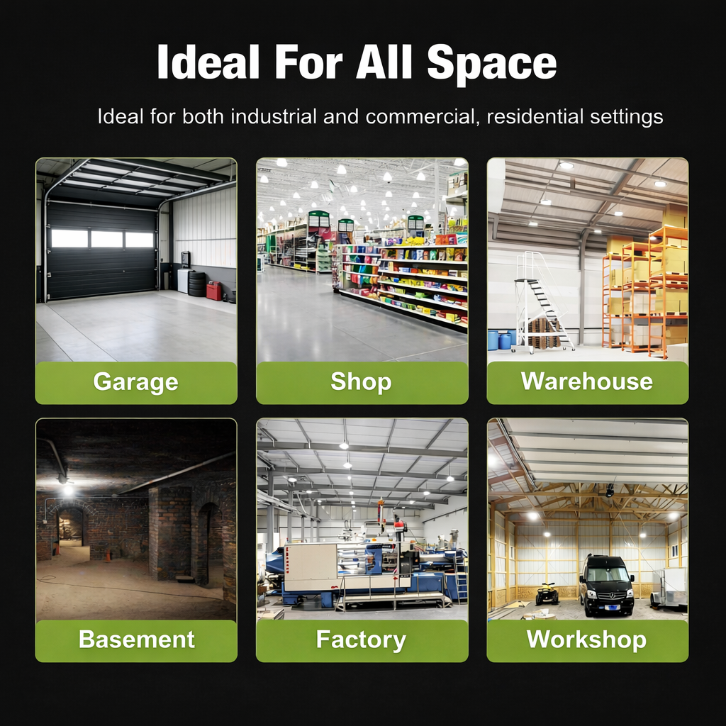 Collage of various indoor settings including garage, shop, warehouse, basement, factory, and workshop with text 'Ideal For All Space'.