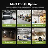 Collage of various indoor settings including garage, shop, warehouse, basement, factory, and workshop with text 'Ideal For All Space'.