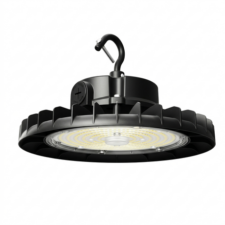 Black industrial pendant light on a white background