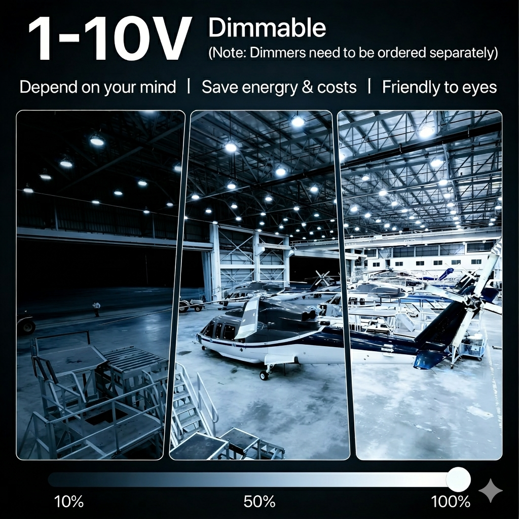 Control panel with 1-10V dimmable feature displayed over an industrial warehouse.