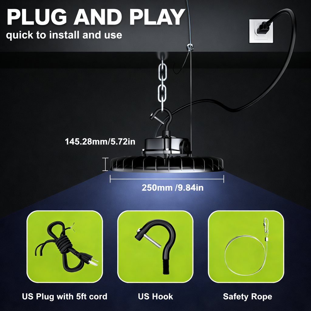LED high bay light with plug and play features on a dark background
