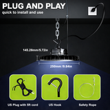 LED high bay light with plug and play features on a dark background