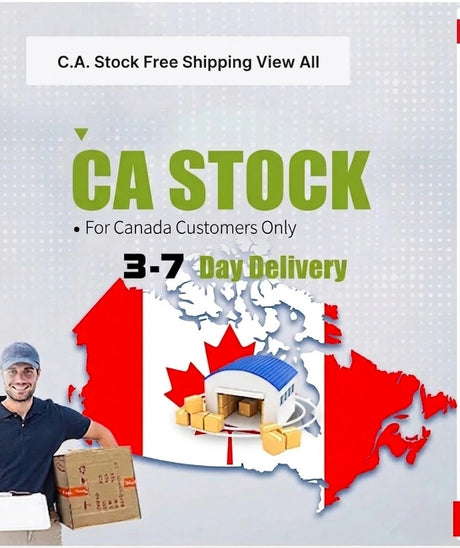 Advertisement for CA Stock with a map of Canada, a delivery truck, and a person holding a box.