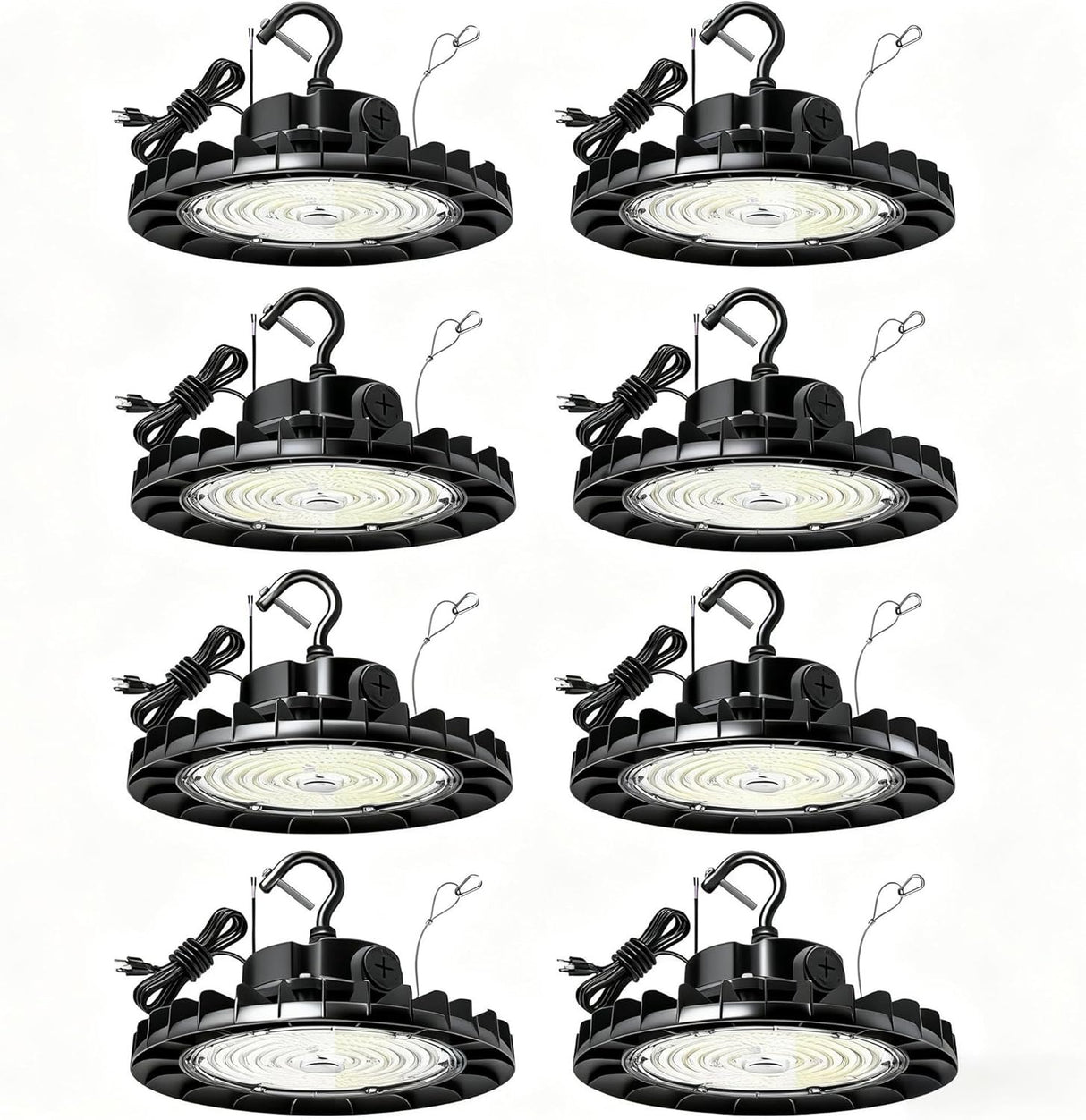 Set of eight UFO ceiling lights on a white background