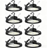 Set of eight UFO ceiling lights on a white background