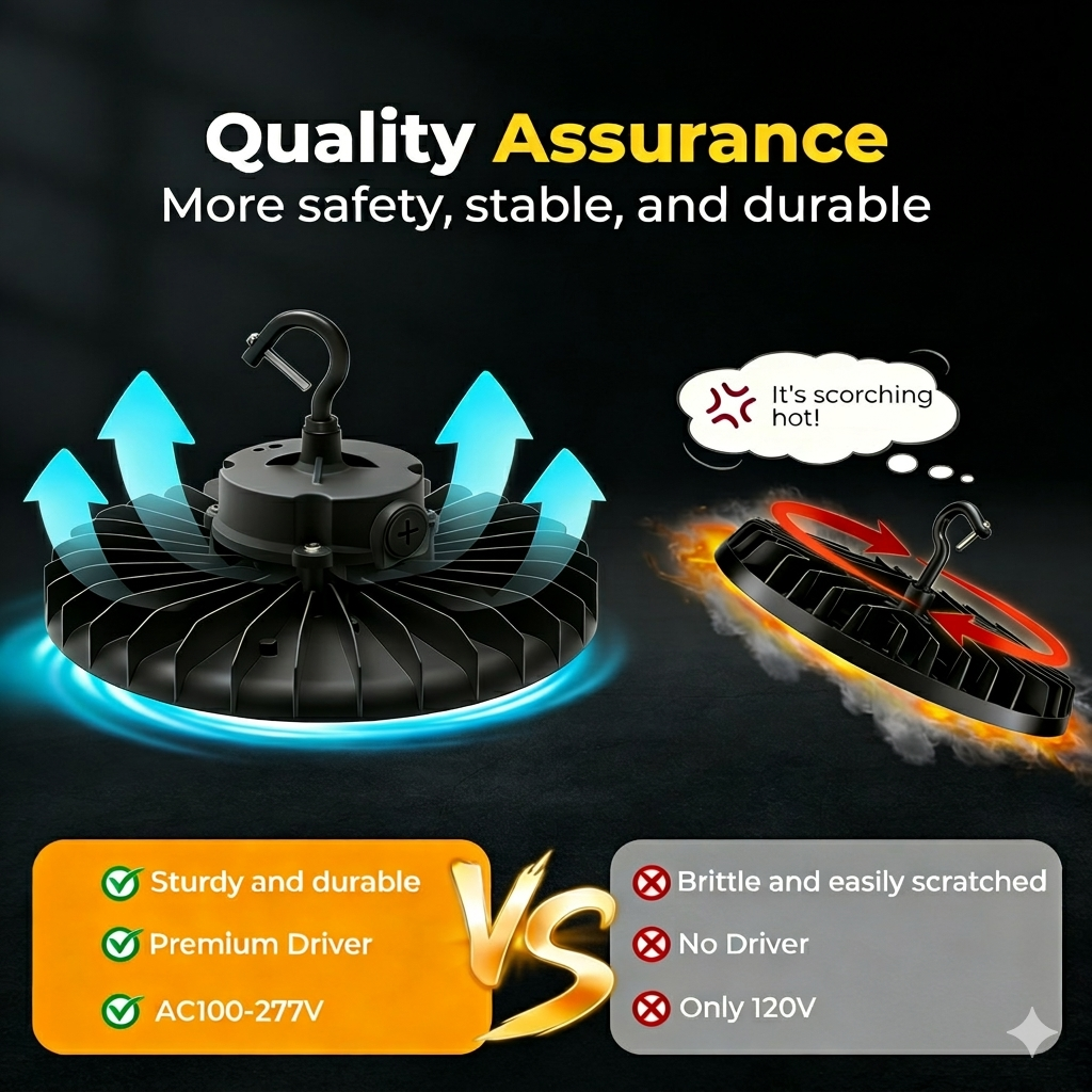 Comparison of two fans with text highlighting quality assurance, safety, stability, and durability.