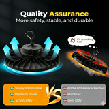 Comparison of two fans with text highlighting quality assurance, safety, stability, and durability.