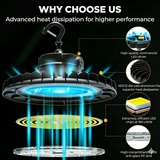 LED light fixture with features highlighted on a black background